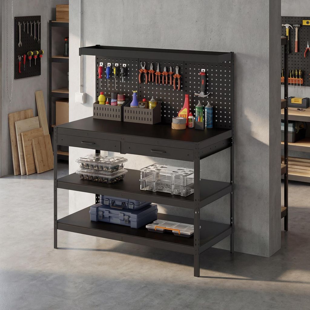 Werkbank mit Lochwand und Schubladen, Arbeitsstation, verstellbare Regale, Schwarz | 122 x 61 x 156 cm | 272 kg Traglast | Stahl + MDF