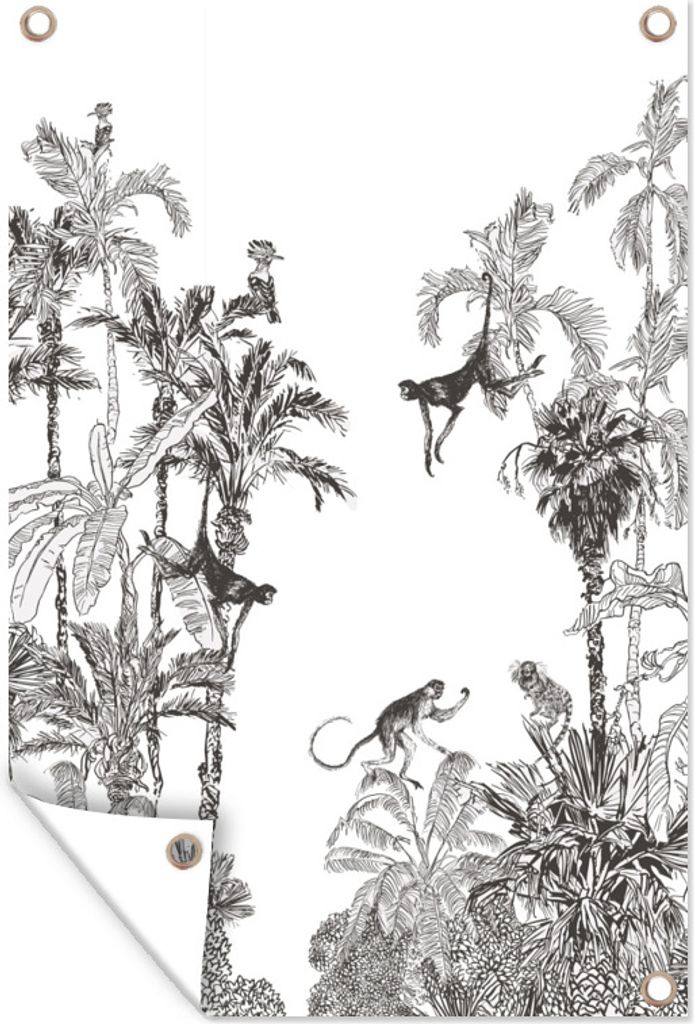 MuchoWow 80x120 cm Outdoor-Poster Gartendeko Sichtschutz Garten Poster für den Garten Dschungel - Schwarz - Weiß - Affe