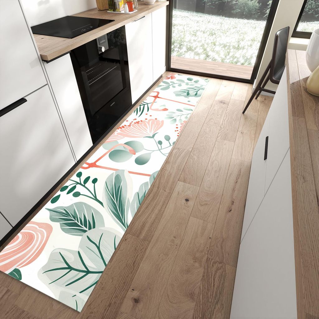 Küchenteppich 60x300cm rutschfest & abwischbar PVC Läufer - Flamingo Blätter