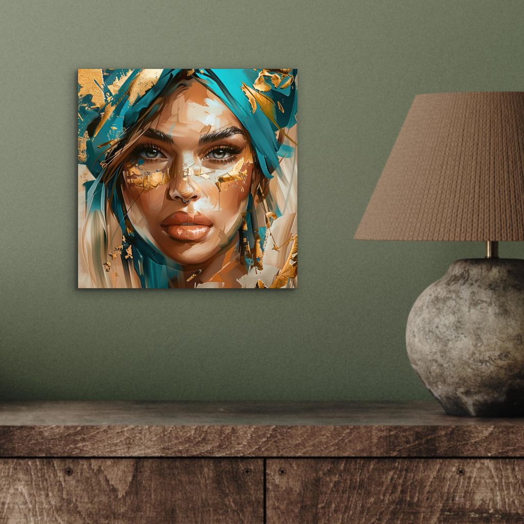 MuchoWow Wanddekoration Metall Metallbild Wandkunst 20x20 cm Frau - Porträt - Gold - Luxus - Blau MuchoWow Aluminium Gemälde - Alu Dibond Bilder