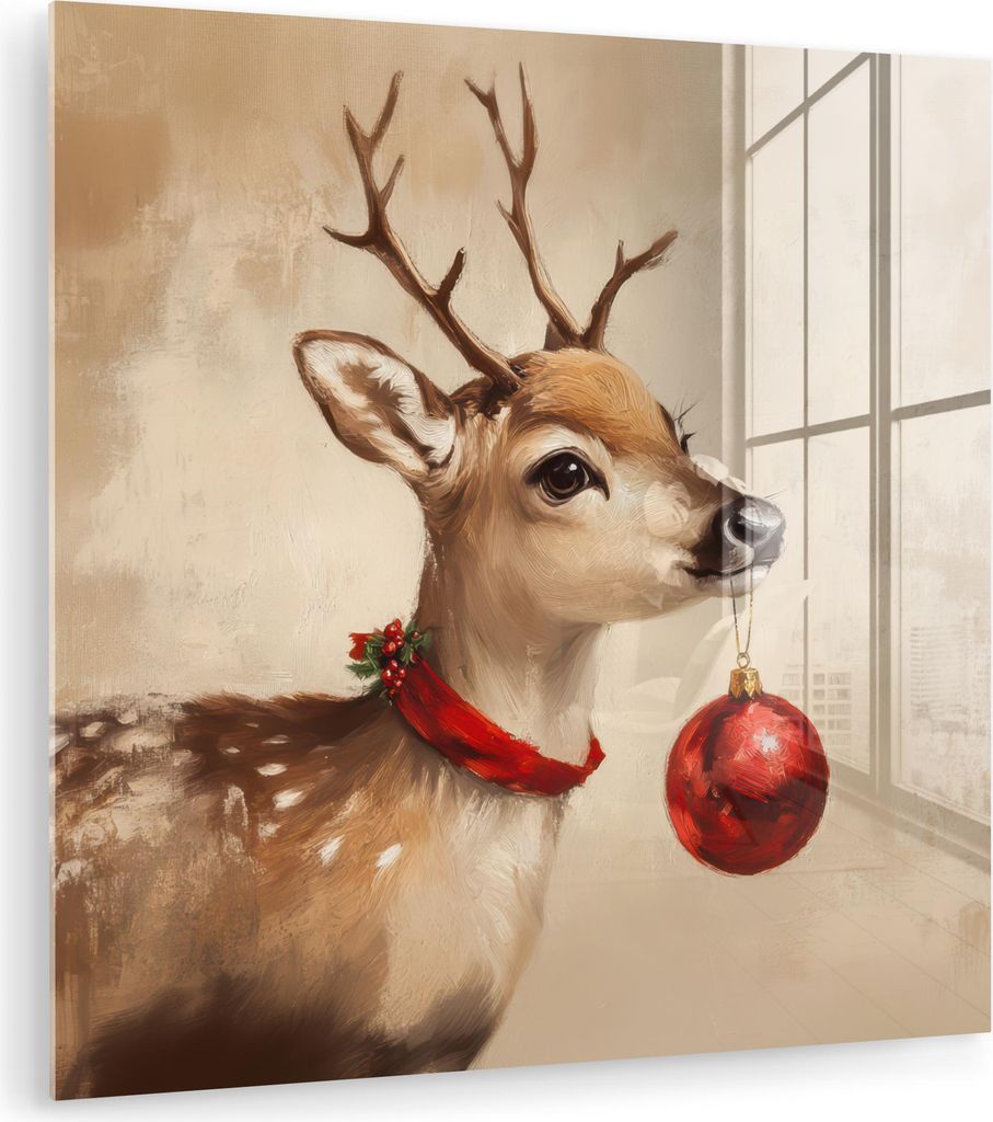 MuchoWow Glasbilder - Bilder auf Wandbild - Foto auf Glas Weihnachten - Hirsch - Geweih - Weihnachtskugel - Rentier 90x90 cm Wanddekoration aus Gla...