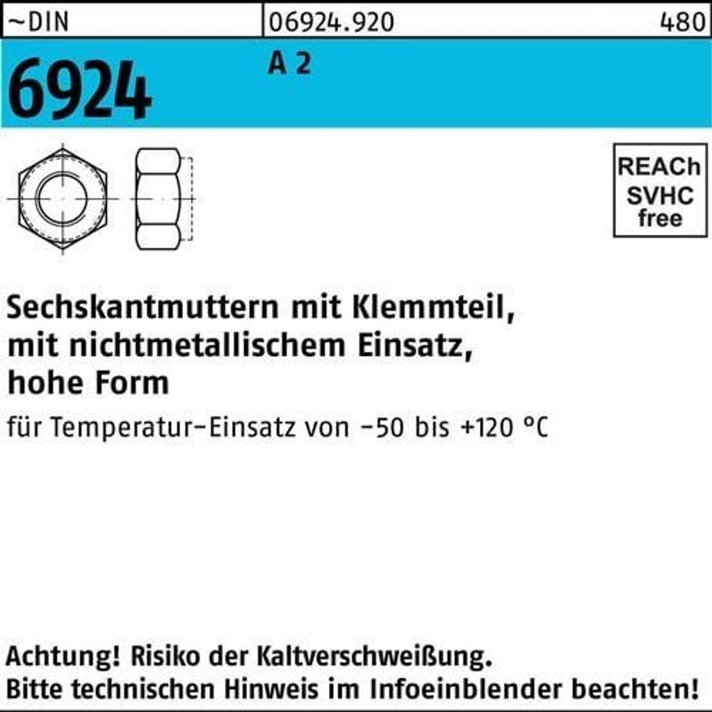 Reyher  Sechskantmuttern DIN 6924 A 2 M 8 A 2 (500 Stück) Produktbild 