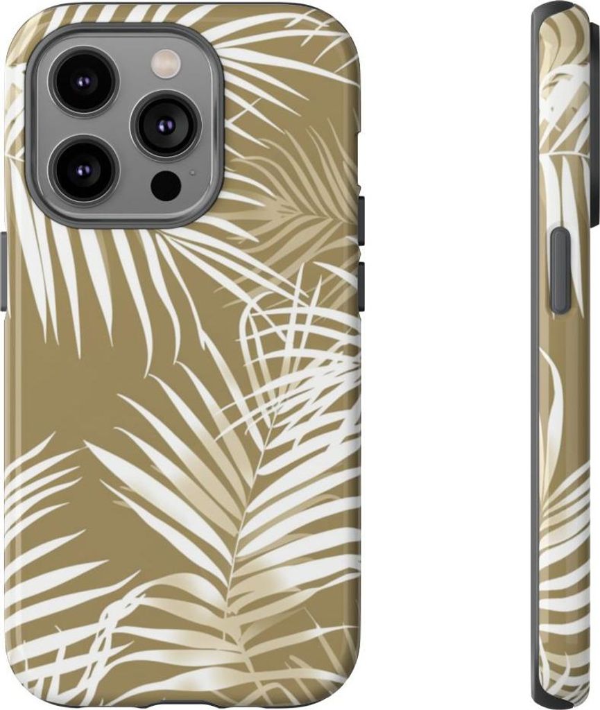 Weiße Palmenblätter auf khakifarbenem Hintergrund – Hülle Kompatibel mit iPhone 14 Pro