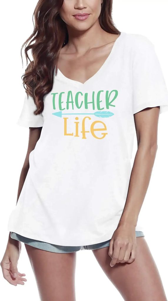 Damen Grafik T-Shirt V-Ausschnitt Das Leben eines Lehrers – Teacher Life – Öko-Verantwortlich Vintage Jahrgang Kurzarm Lustige Druck Geburtstag