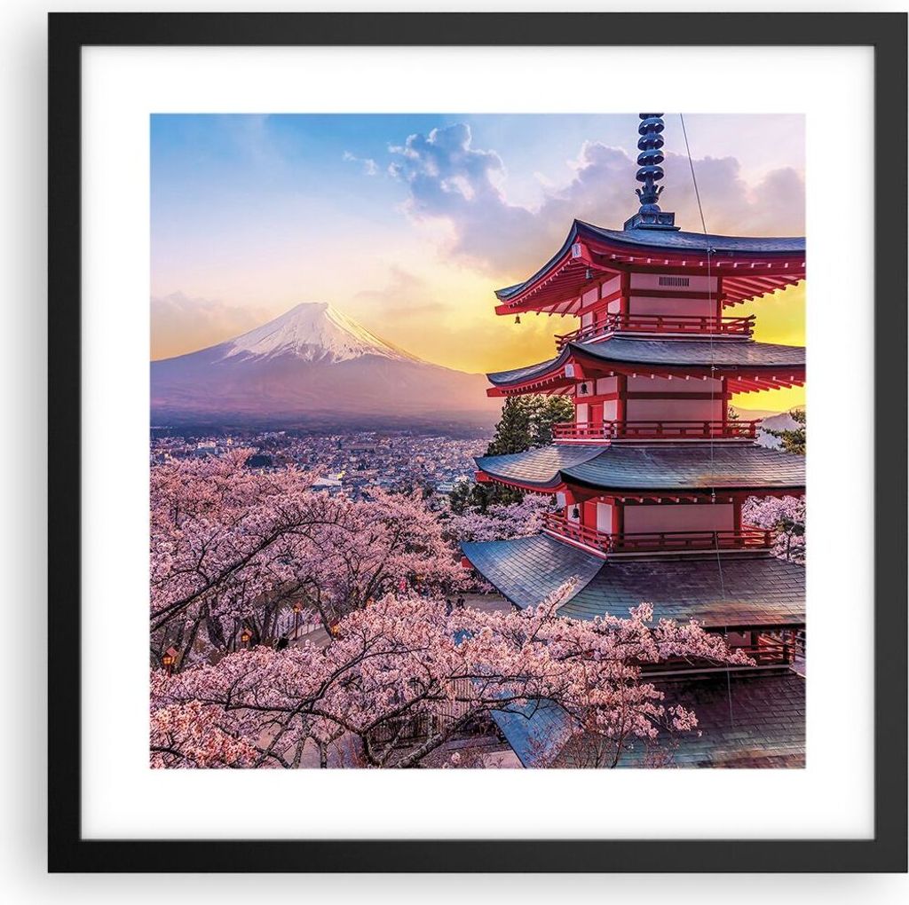 Gerahmtes Poster - Schwarzer Rahmen - Fuji Choreito Pagode - 40x40 cm - Wand Bild - Wanddeko - Wandbilder - Kunstposter - Wandposter - Bilderrahmen...