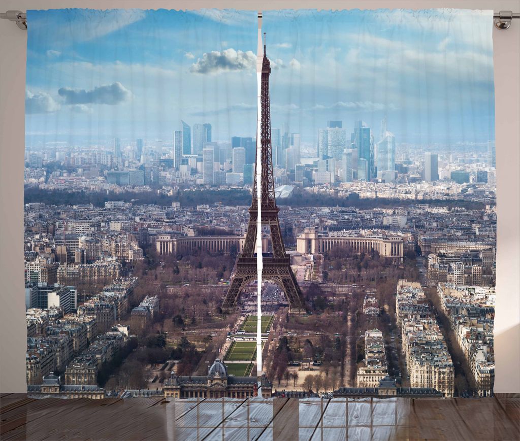 ABAKUHAUS Eiffelturm Rustikaler Gardine, Blick auf Eiffelturm, Schlafzimmer Kräuselband Vorhang mit Schlaufen und Haken, 280 x 175 cm, Hellblau Braun