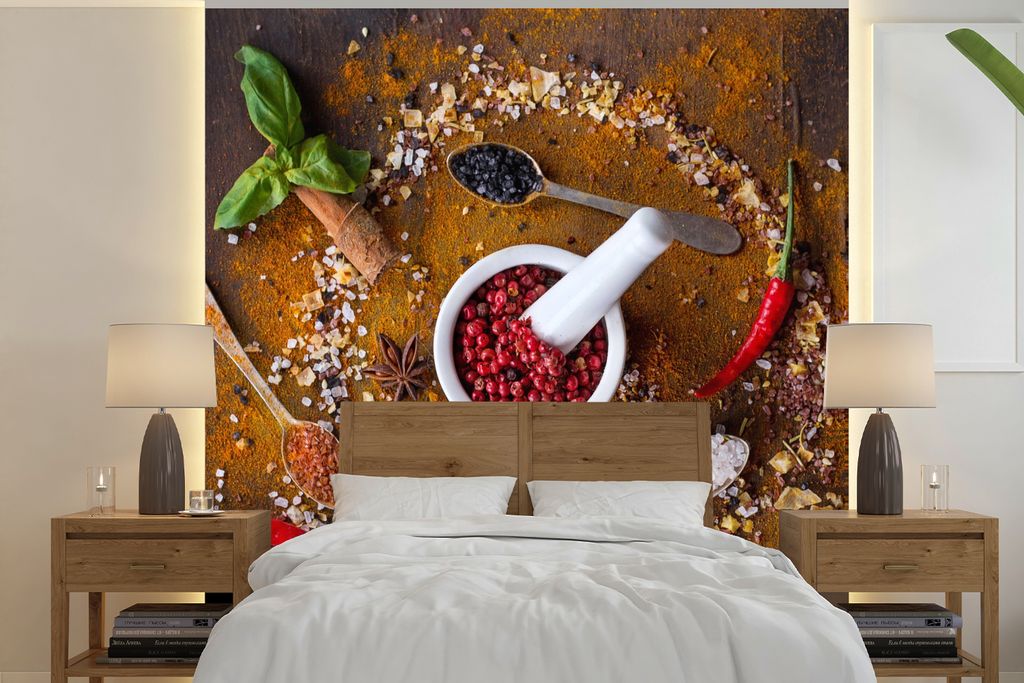 MuchoWow Fototapete für Wohnzimmer oder Schlafzimmer Wandtapete Vinyl Motivtapete Mörser - Kräuter - Löffel - Gewürze - Braun - Pfeffer - 35...