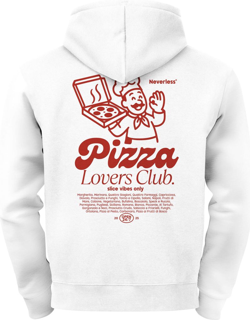 Herren Hoodie Backprint Pizza Lovers Club | Kapuzensweatshirt mit Pizza Print Retro Food Design Neverless