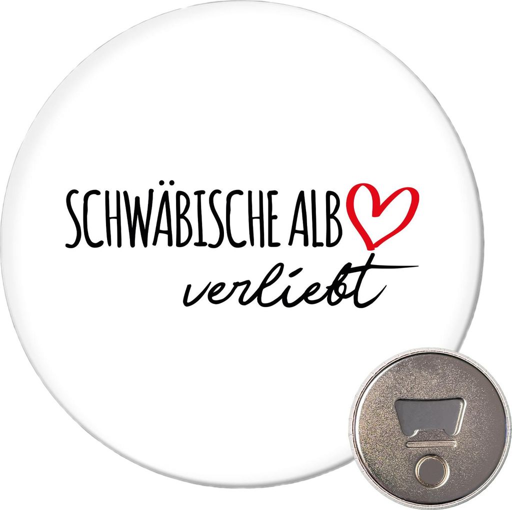 Huuraa Magnet Schwäbische Alb verliebt 59mm Kühlschrankmagnet rund Flaschenöffner Geschenkidee