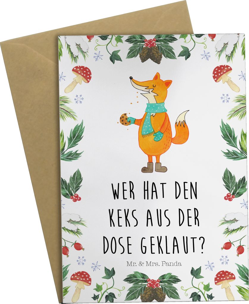 Mr. & Mrs. Panda Glückwunschkarte Fuchs Keksdose - Weiß - Geschenk, genesungskarte, weihnachtskarten, einladungskarten, osterkarte, Beileidskarte...