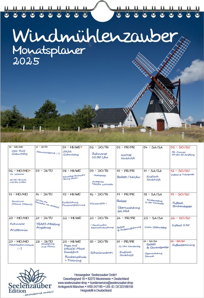 Windmühlenzauber Planer DIN A4 Kalender für 2025 Windmühle - Seelenzauber