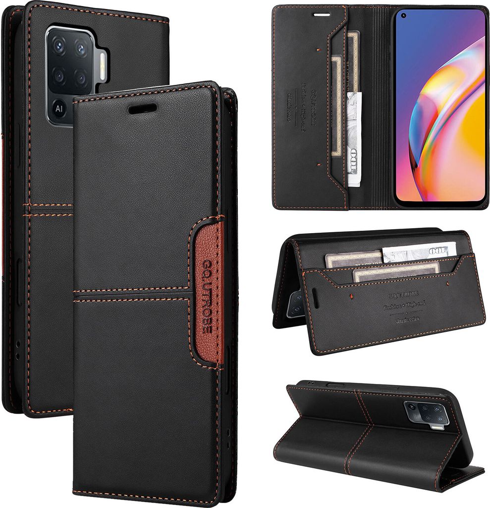 Handyhülle für Oppo A94/A94 5G/A95 5G/F19 Pro/Reno5 Lite/Reno5 Z/Reno6 Z Hülle, Leder Flip Wallet Kartenfach Stand Schutzhülle Schwarz
