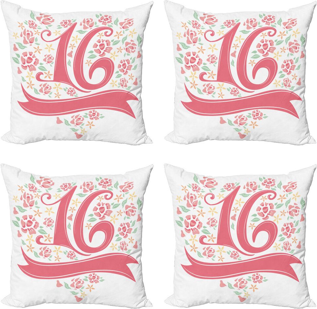 ABAKUHAUS 16. Geburtstag Kissenbezug Set (4 Stück), floral 16, Moderner Doppelseitiger Digitaldruck, 50 cm x 50 cm, Dunkel Coral Mint