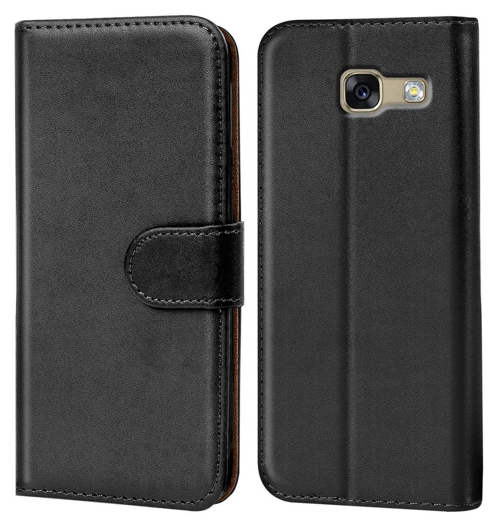 A black flip case for a smartphone is shown from the front and back.