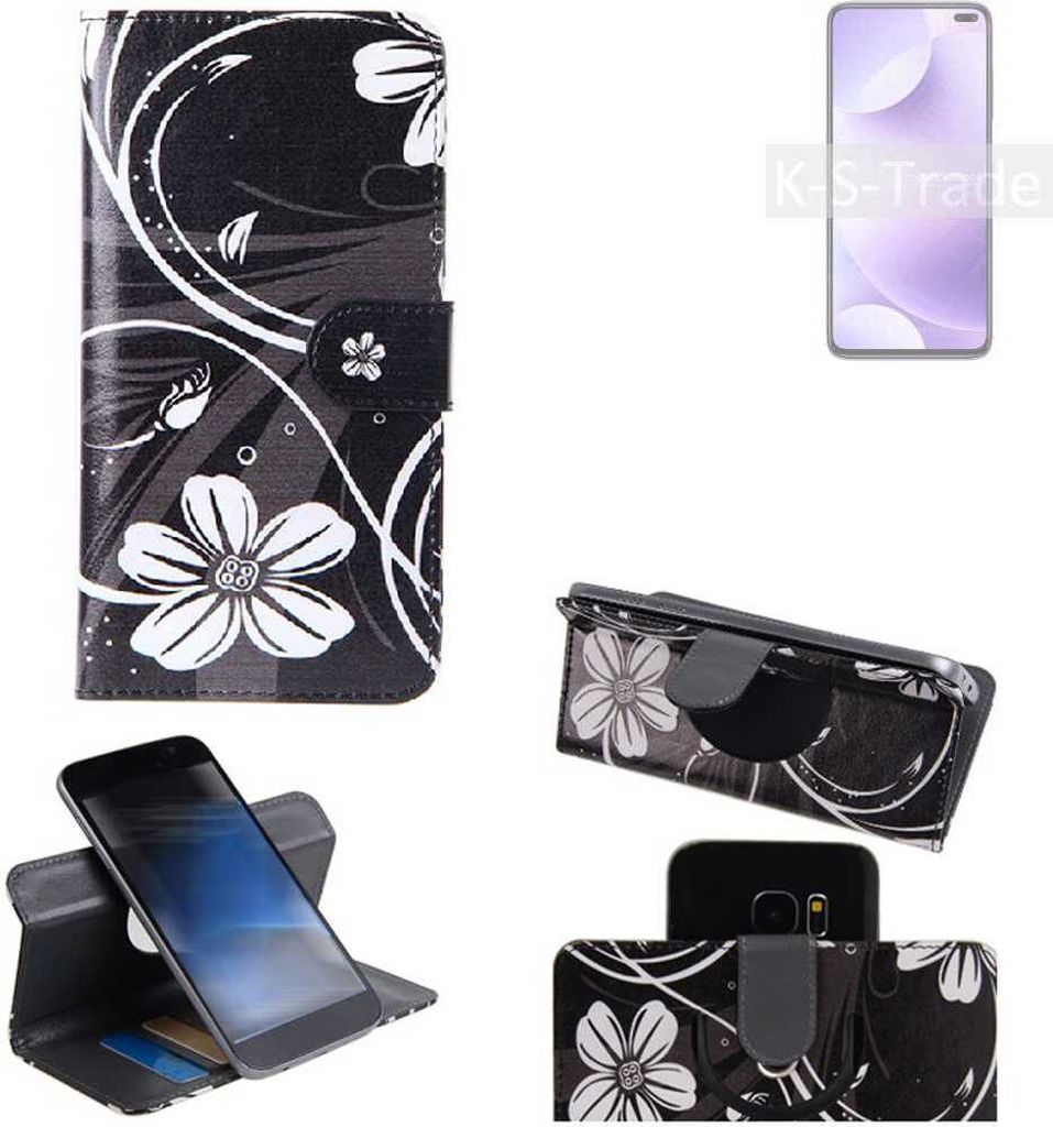 K-S-Trade Schutzhülle Handyhülle kompatibel mit Xiaomi Redmi K30 4G Hülle 360° Wallet Case ''Flowers'' Klapphülle Hülle schwarz-weiß 1x