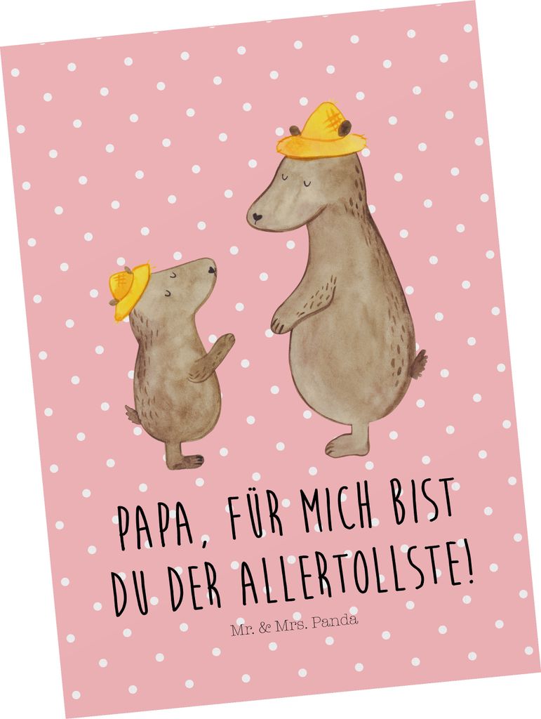 Mr. & Mrs. Panda Postkarte Bären mit Hut - Rot Pastell - Geschenk, Kinder, Motivkarte, Postkarten, Ansichtskarten, Dad, Familie, Vatertag, Grußka...