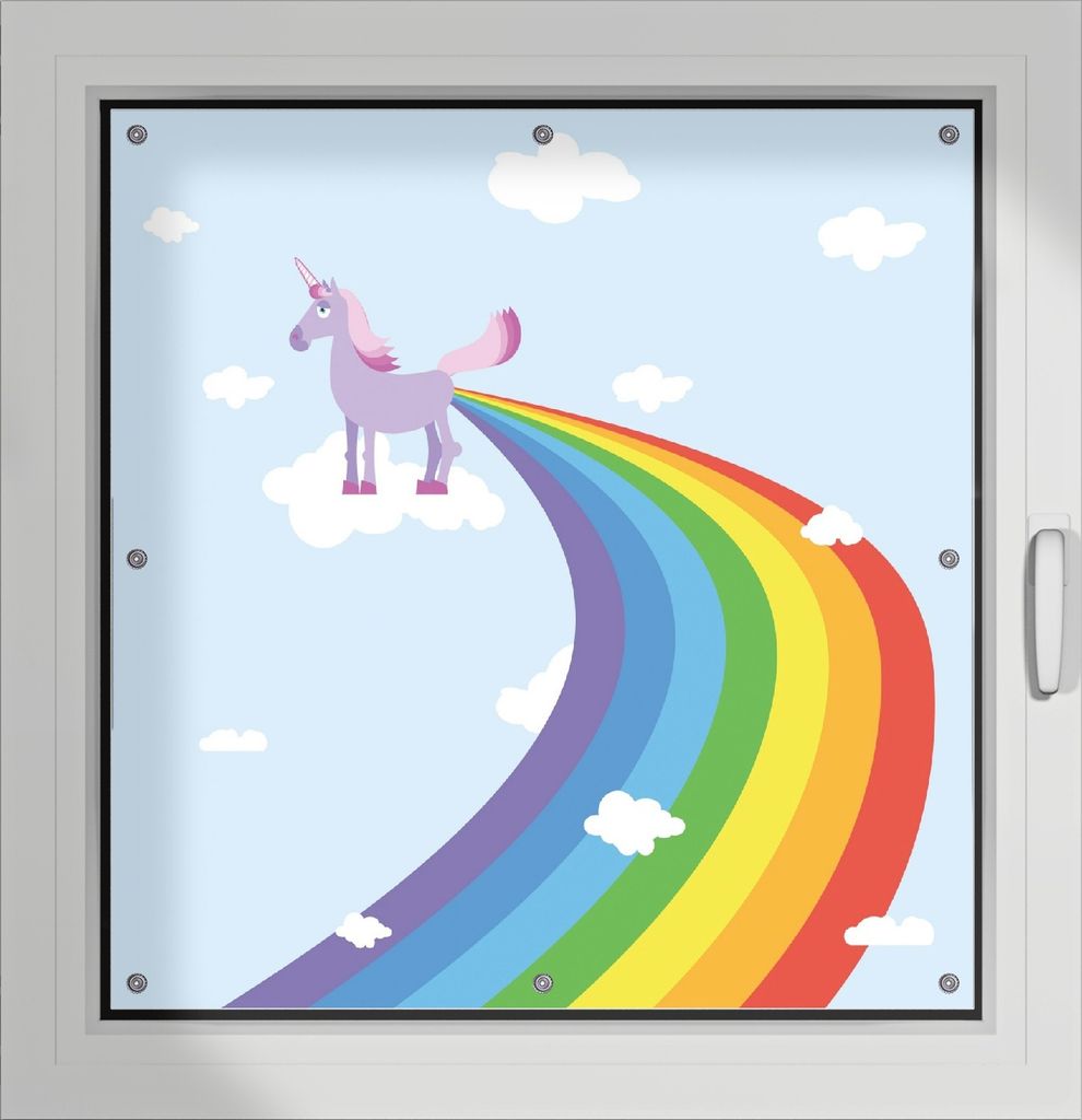 Wallario Lichtschutzbild, Dekorativer Sichtschutz Sonnenschutz 96 x 93 cm mit Motiv: Einhorn mit Regenbogen aus dem Hintern - Verdunklung ohne Bohren