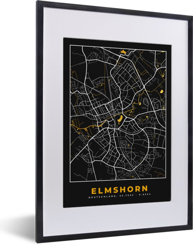 MuchoWow Gerahmtes Poster Deutschland - Schwarz und Gold - Elmshorn - Stadtplan - Karte 30x40 cm - Poster mit Schwarzem Bilderrahmen Wandposter R...