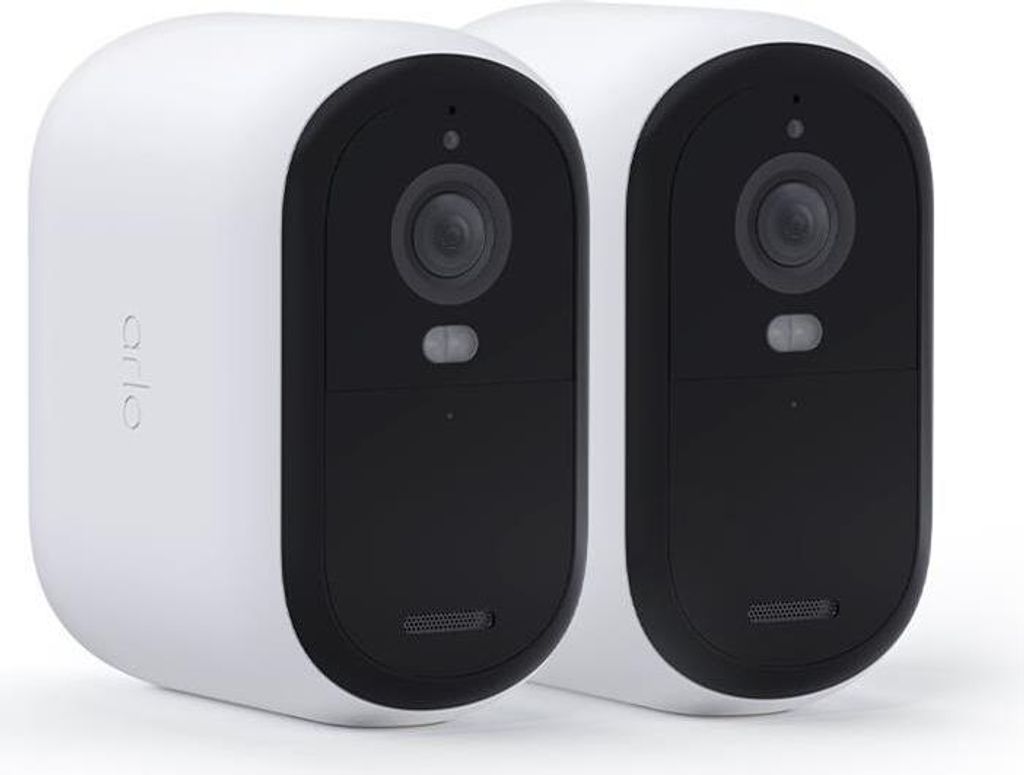 Two white and black Arlo Essential 2 XL FHD Outdoor Cameras are shown against a white background.