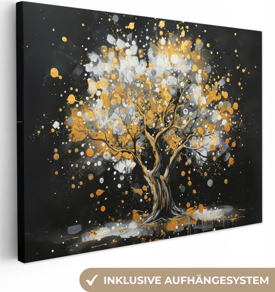 MuchoWow - Leinwandbilder - Baum - Schwarz - Gold - Weiß - Modern, Wandbild, Wanddeko Bilder Wohnzimmer, 120x90 cm