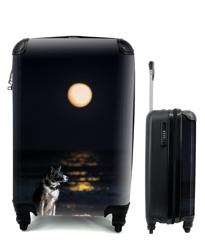 MuchoWow Koffer Handgepäck Trolley Rollkoffer Kleine Reisekoffer mit 4 Rollen - Ein Porträt eines Border Collie mit Vollmond - Cabin Size < 55x...