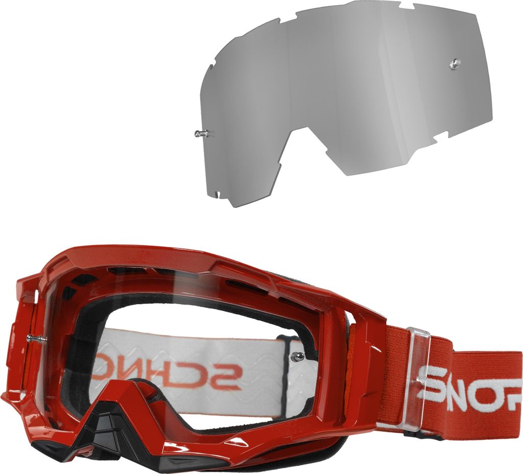 Schnorr MX Neo Rot - Motocross Brille | Transparentes Glas (S0), Anti-Fog, Tear-Off mit Wechselglas verspiegelt Silber