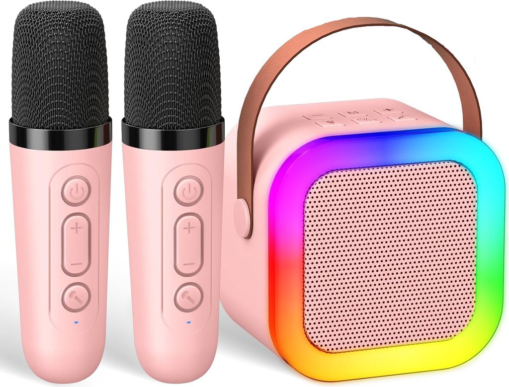 Bluetooth Karaoke Mikrofon Kabellos Lautsprecher mit 2 Mikrofonen Bluetooth Lautsprecher mit Gesangsentferner, 3 LED-Lichtmodi Karaoke Maschine Rosa