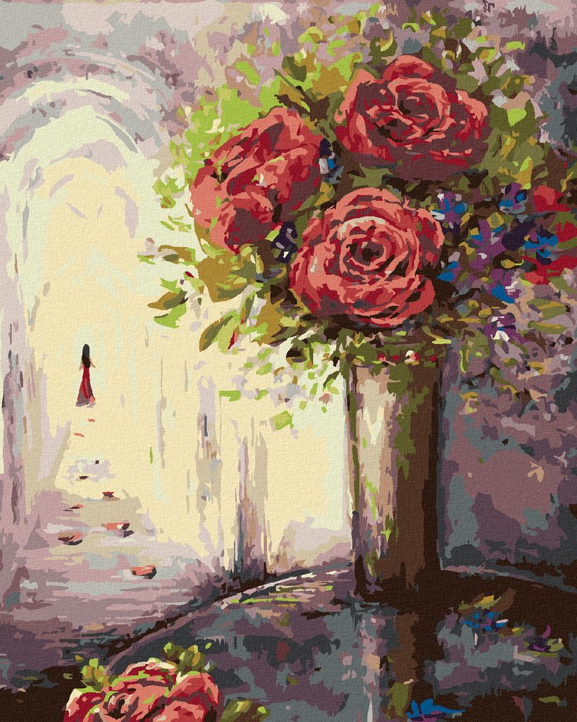 Zuty - Malen nach Zahlen - ROSEN IN EINER VASE UNDFRAU IN DER FERNE, 40x50 cm, ohne Keilrahmen