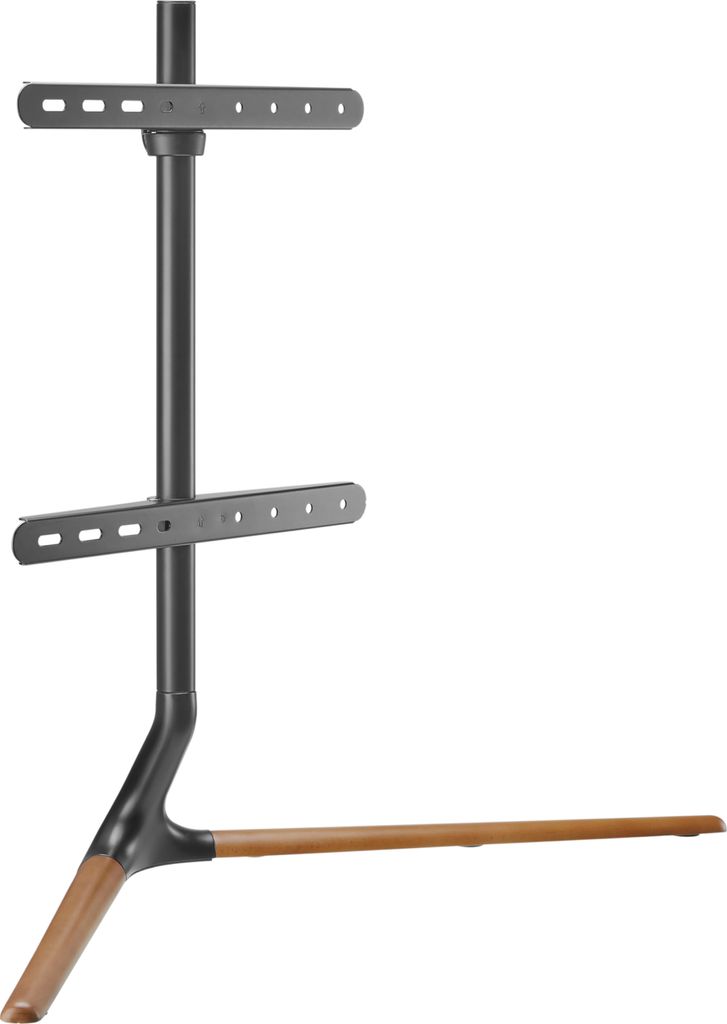 A TV stand base with a central pole and two horizontal mounting brackets, featuring a dark gray metal structure with a light brown wooden accent on the base.