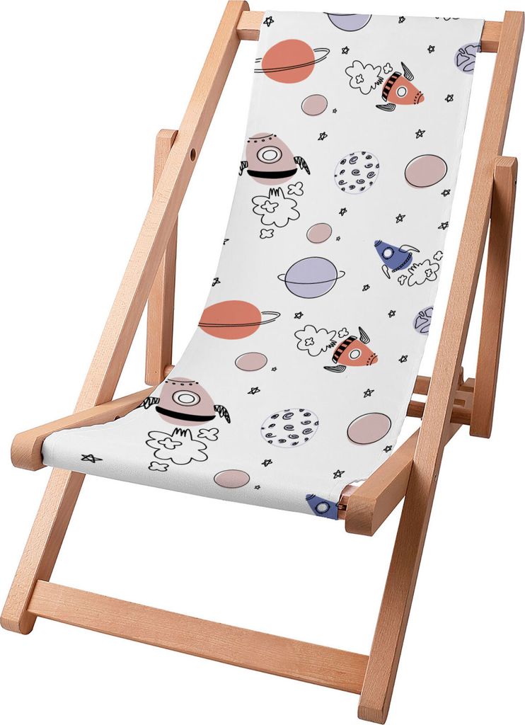 Dreamroots Kinder Liegestuhl klappbar Holz bis zu 130 kg, Sonnenliege klappbar mit 3-stufiger Neigungsregulierung der Rückenlehne, Cartoon Galaxy