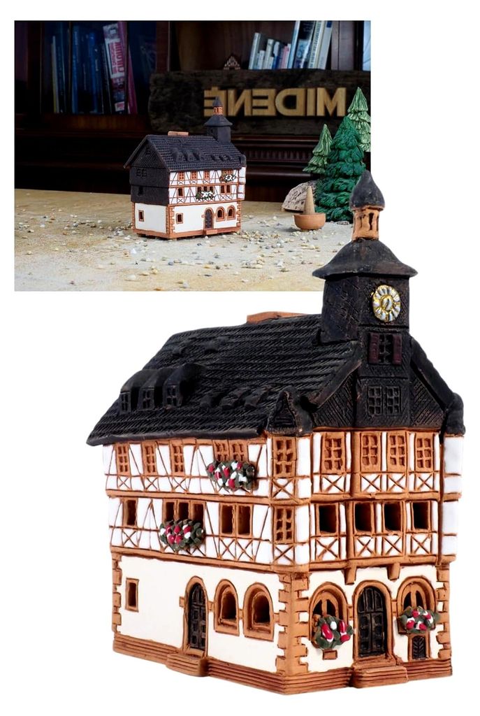 Keramik Lichthäuser, Räucherhaus, Keramikhaus Deko, Handgefertigte Miniatur-Rathaus aus Heppenheim, Deutschland