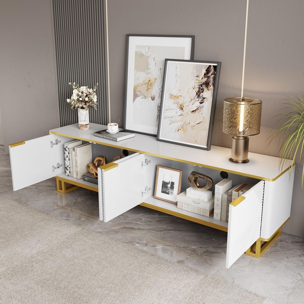 okwish TV-Schrank Fernsehschrank mit Eisenrahmen und Kabeldurchführungen,Fernsehbank Lowboard mit Ablageflächen und offene Regale,Weiß