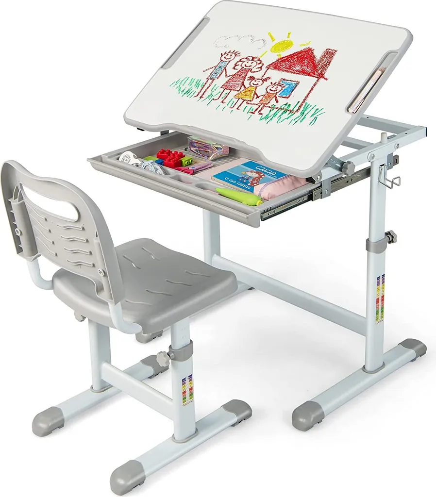 Ensemble Bureau et Chaise Enfant Gris avec Table Multifonction Ajustable