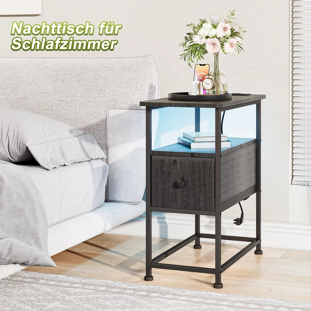 Table de chevet LED noire moderne avec tiroir et station de charge EU - 7