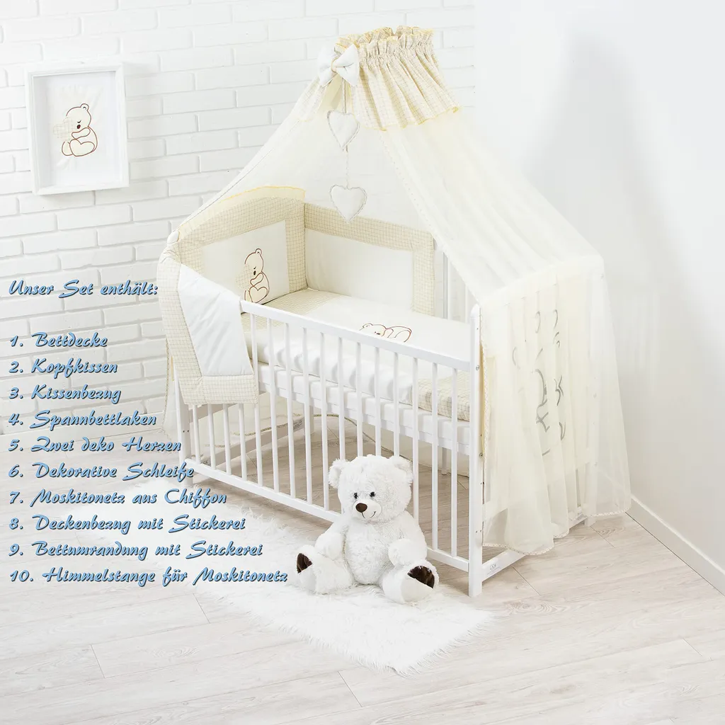 Aménager le lit bébé 60x120 : parure 10 pièces coton beige brodé et voile