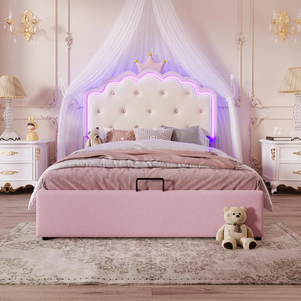 Lit 140x200 cm gain de place rose : Finissez-en avec le désordre (LED)