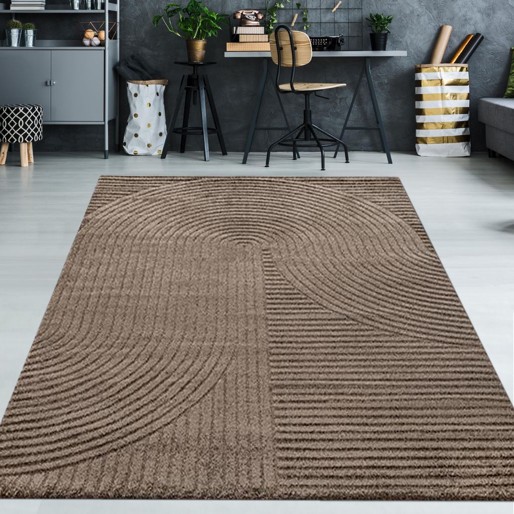 A modern living room or office space with a rug in the foreground.