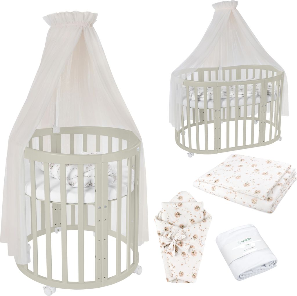 Mobiles Babybett OWAL aus Holz 7in1 mit Matratze, mitwachsend,Stoffe Champagner Löwenzahn,Holz olive
