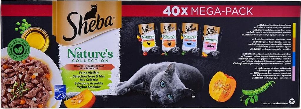A box of Sheba Nature's Collection cat food, showing a cat and ingredients.