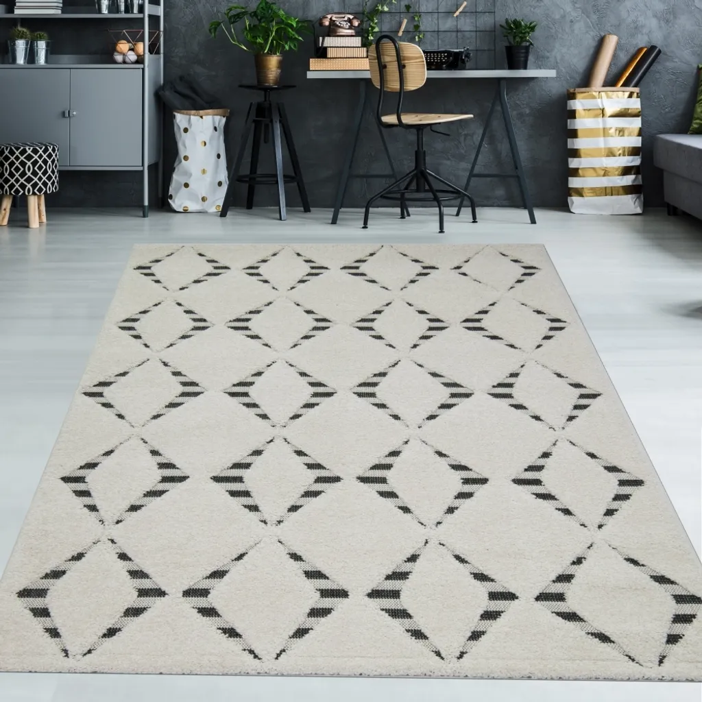 Tapis de salon shaggy noir et crème 140x200 cm - Décoration cocooning