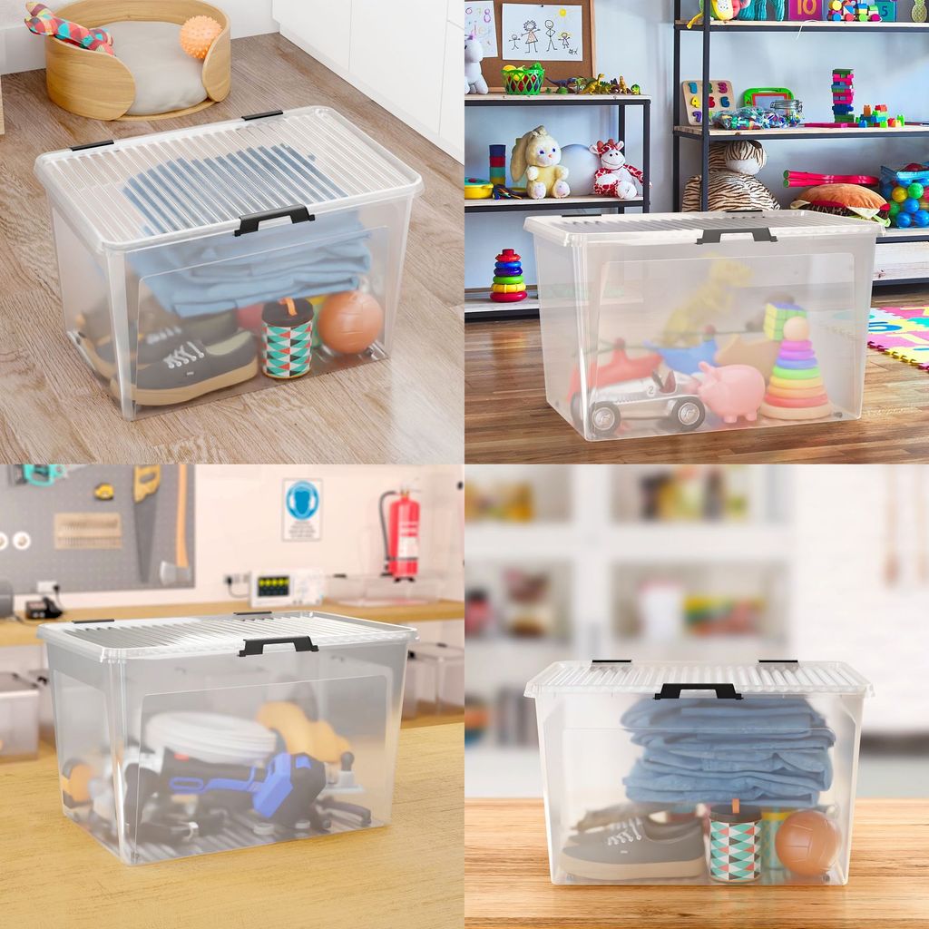DEUBA® Aufbewahrungsbox Deckel stapelbar transparent Rollen Kunststoff BPA  frei Wohnzimmer Schlafzimmer Kinderzimmer, Volumen:4x 30L
