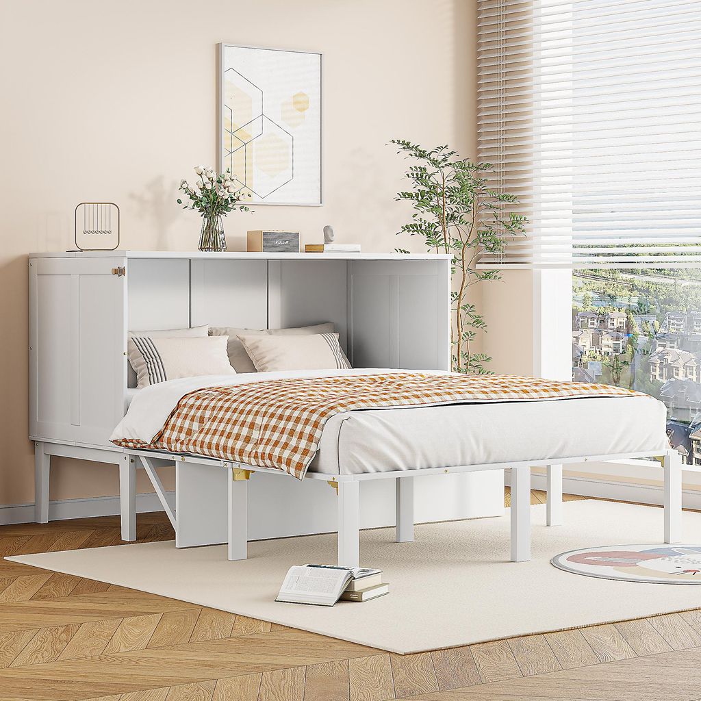 Fortuna Lai Schrankbett 140x200 cm, Wandbett mit Lattenrost, Wandklappbett, vertikales Schrankbett mit Lattenrost, Jugendbett, weiß