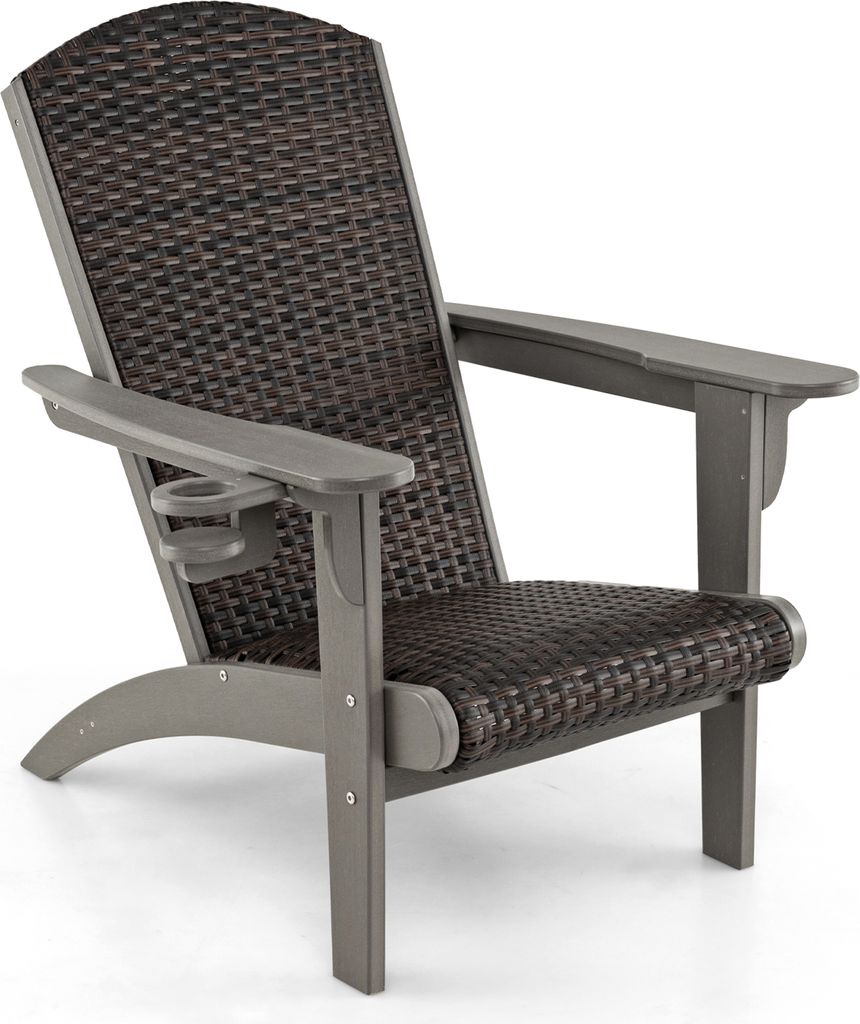 COSTWAY Adirondack Stuhl, Adirondack Chair mit Getränkehalter, gepolstertem Sitz & Rückenlehne, Gartensessel aus HDPE und Rattan, Grau Braun