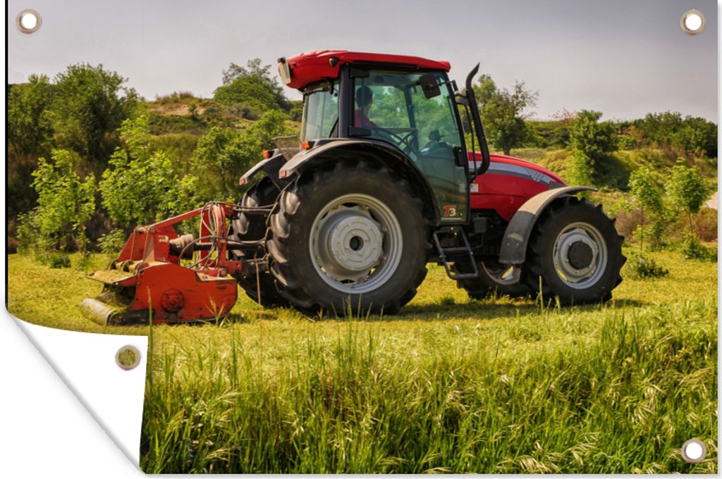 MuchoWow 60x40 cm Outdoor-Poster Gartendeko Sichtschutz Garten Poster für den Garten Traktor - Rot - Natur - Grün - Landleben