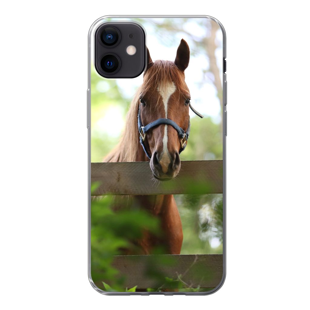 MuchoWow Handyhülle Schutzhülle Hülle für iPhone 12 mini Pferd - Natur - Zaun Silikon Softcase Handy Hülle - Bild