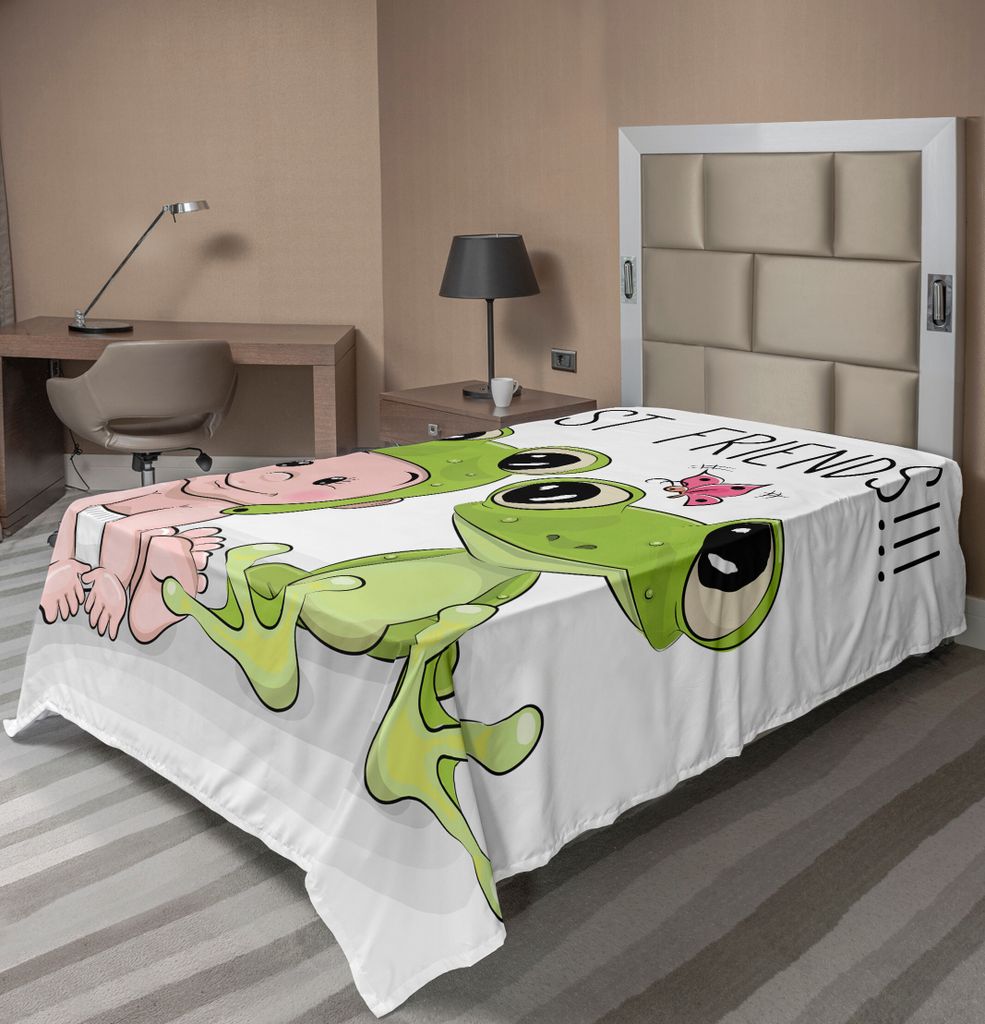 ABAKUHAUS Tier Bettlaken, Niedliches Cartoon Baby Im Froggy Hut Frosch Besten Freund Liebes Thema Grafik, weiches bequemes oberes Bettlaken für ei...