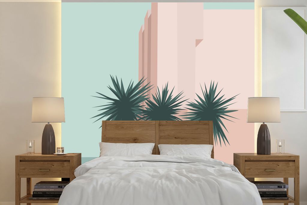 MuchoWow Fototapete für Wohnzimmer oder Schlafzimmer Wandtapete Vinyl Motivtapete Sommer - Palmen - Gebäude - 280x280 cm - Hintergrundbild