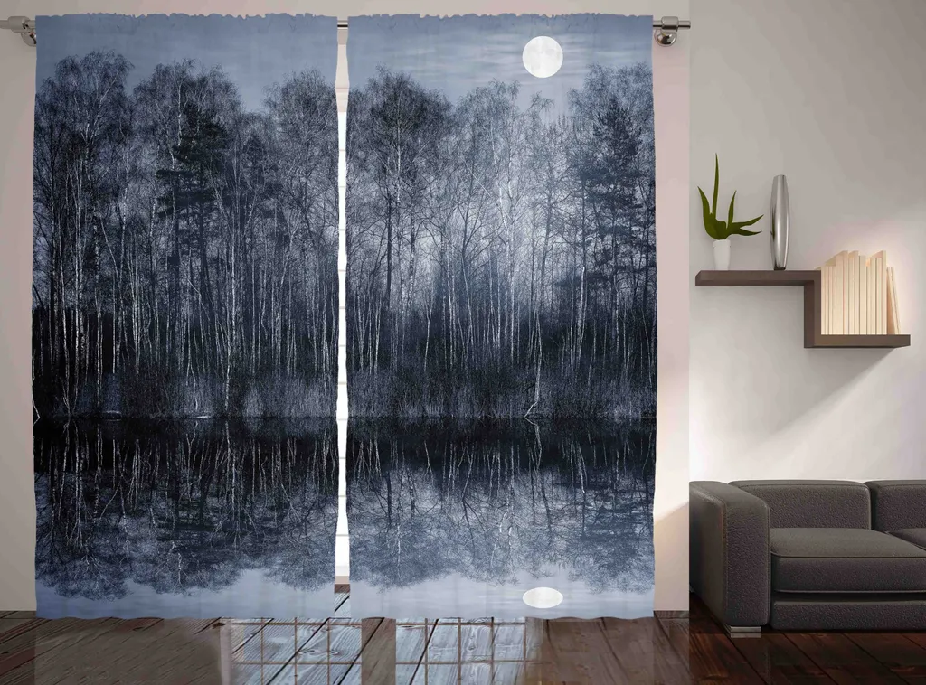 Rideau ABAKUHAUS Nuit Forêt Lac 280x225 cm Violet et Bleu pour Salon