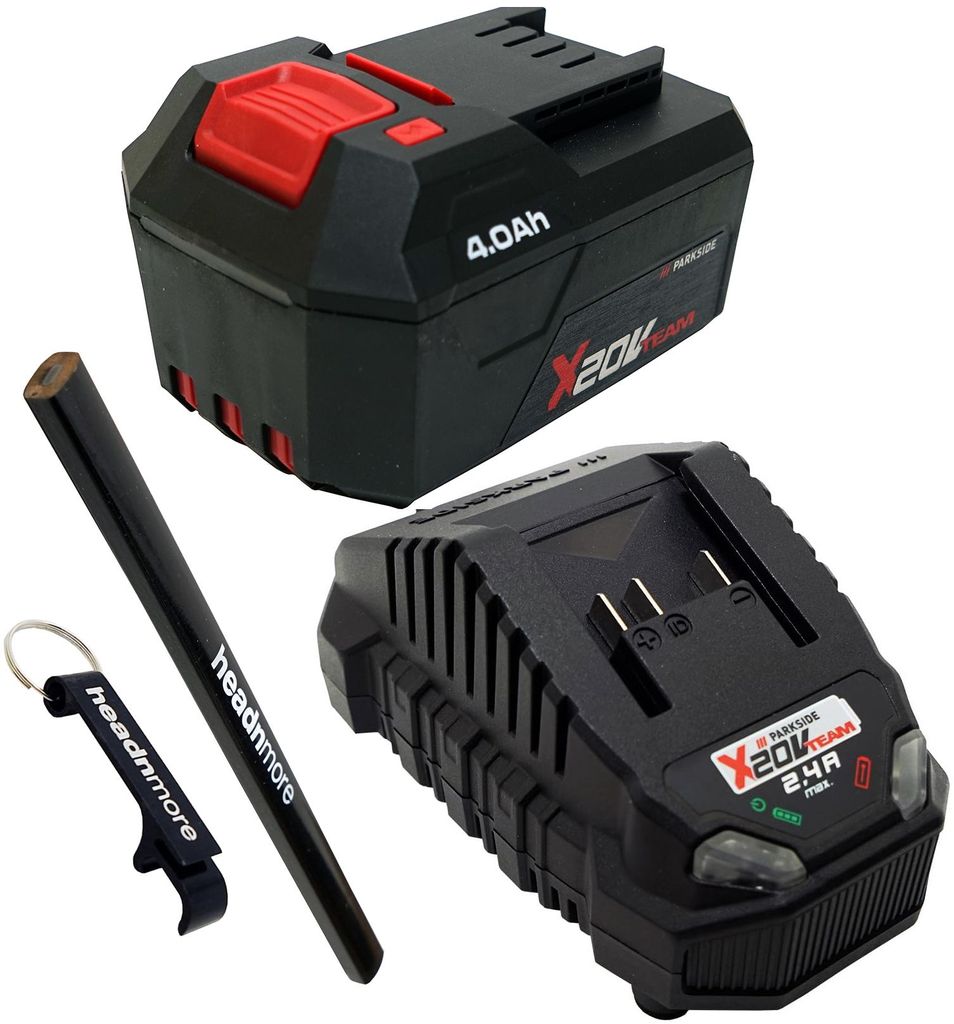 PARKSIDE Akku 20 V / 4 Ah + Ladegerät 2,4 A + HEADNMORE Schlüsselanhänger und Zimmermannsbleistift.