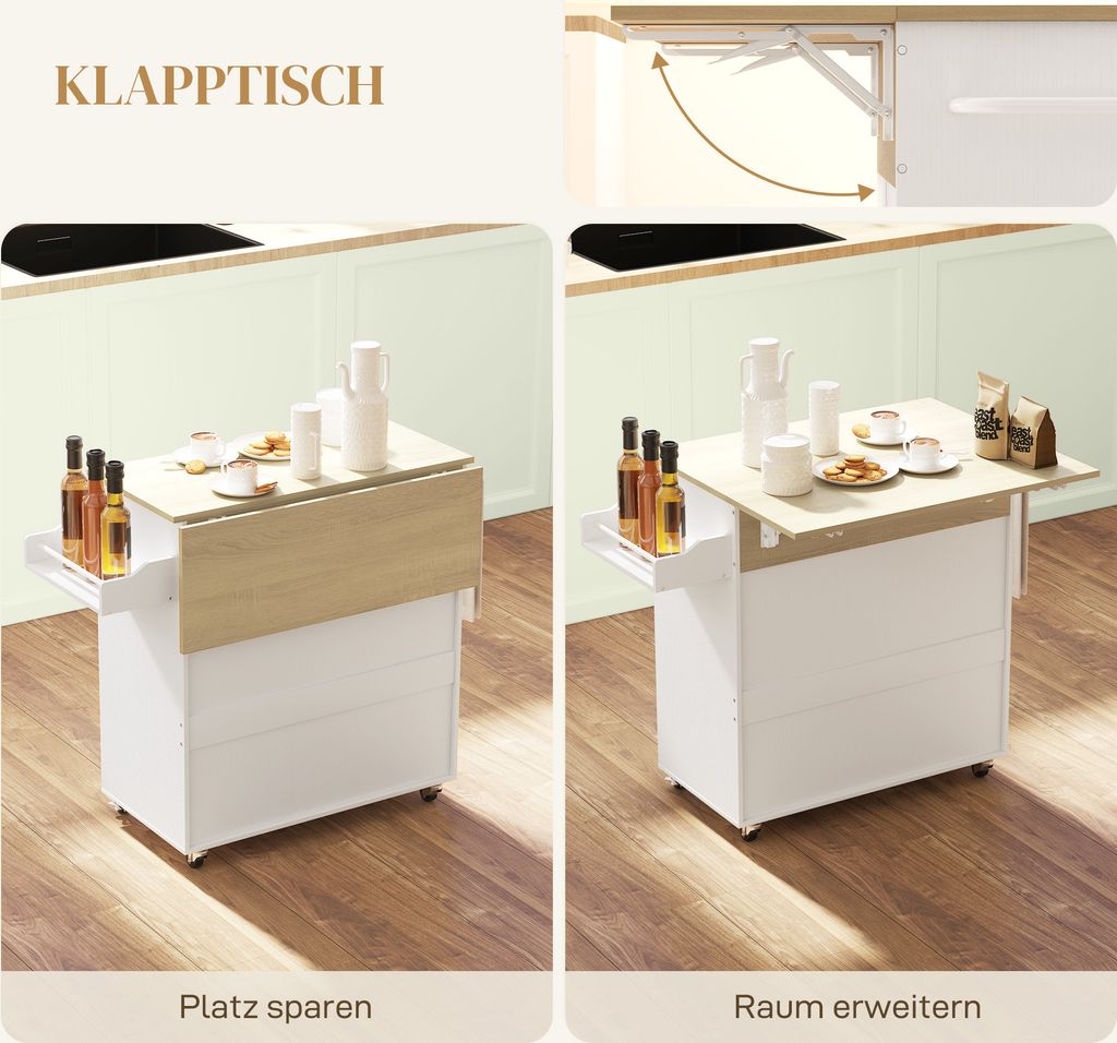 HOMCOM Kücheninsel Küchenwagen auf Rollen mit Klappbar Produktbild 4